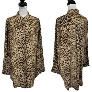 Express Leopard Print Button Down Size XL Super Long Tunic Relaxed Flowy Brown‎